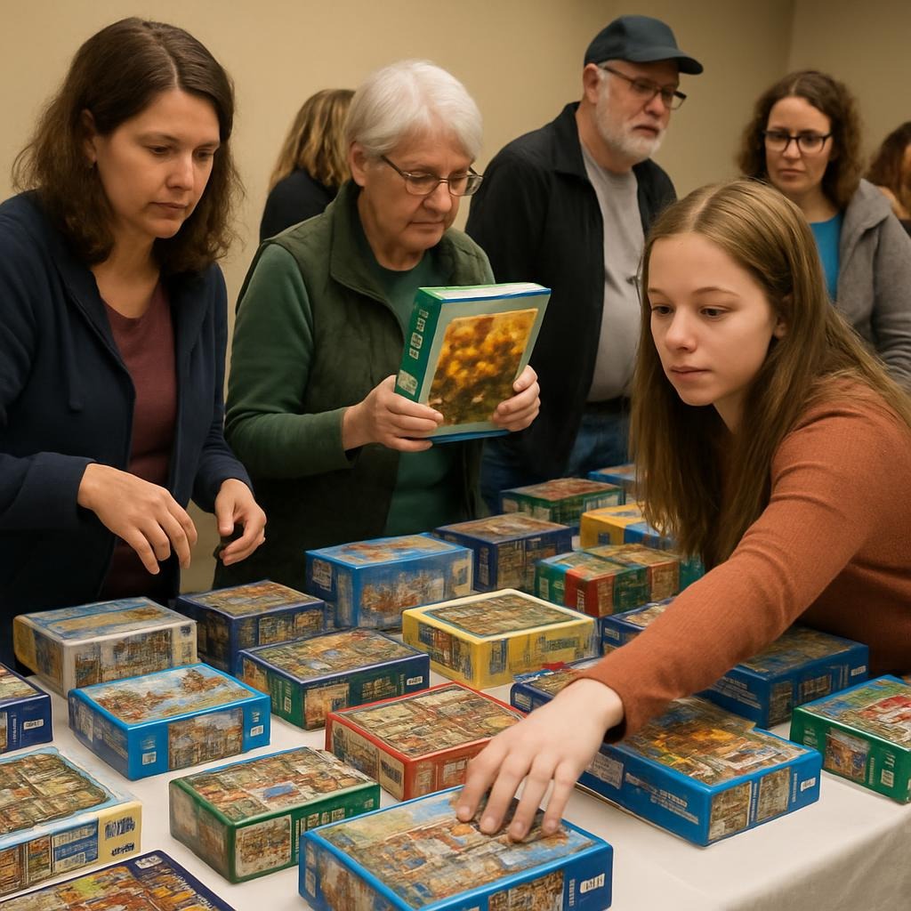 Photo of people at a puzzle exchange event.